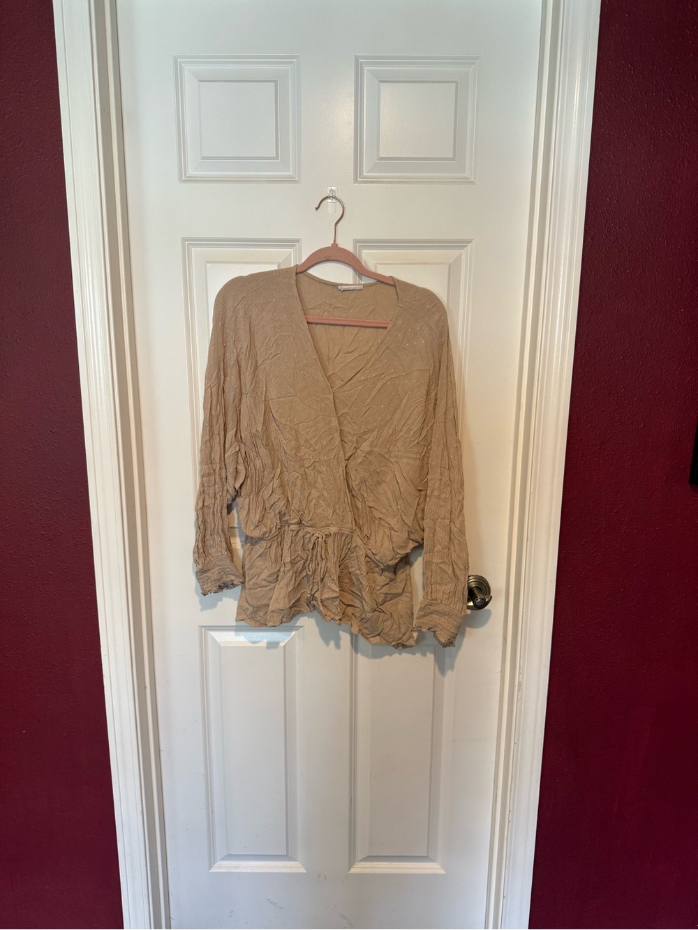 Beige Ruffle Hem V-Neck Blouse